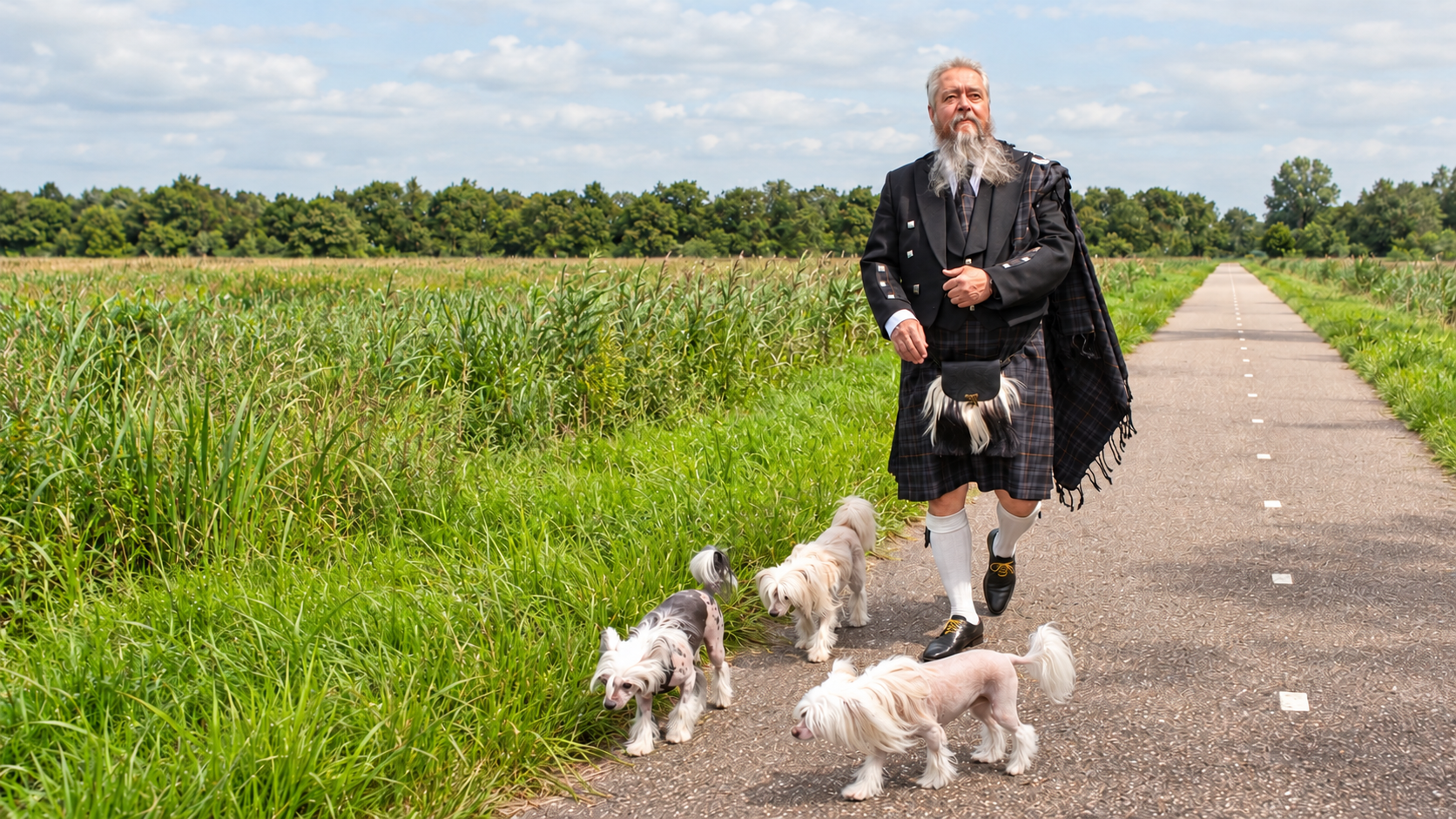 Job van Gentevoort in zijn kilt, wandelend met zijn drie honden in het groen.